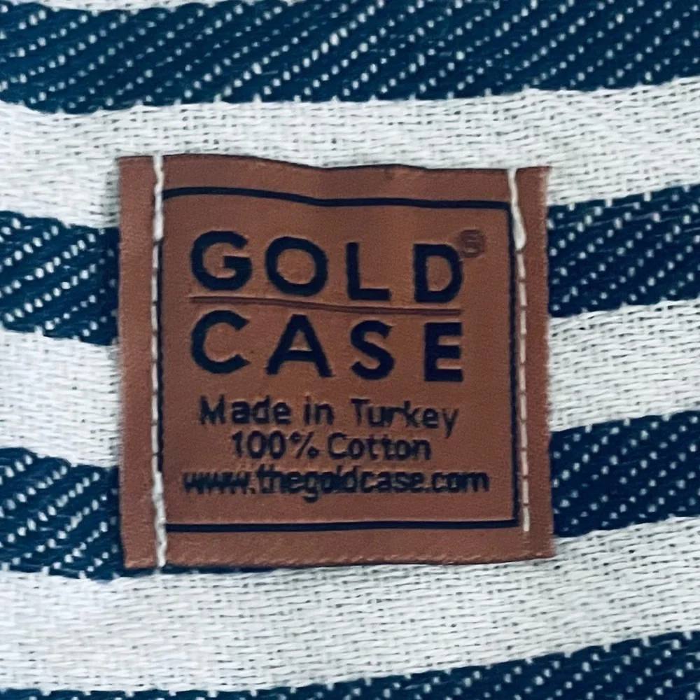 Gold Case Blue and White Stripe Turkish fringe Cotton Peshtamel Towel Wrap - Picture 14 of 16